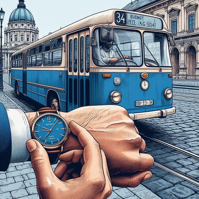 Horarios transporte Budapest, reloj de pulsera y Autobús azul